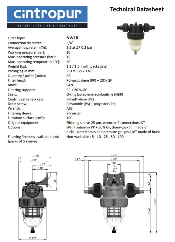Cintropur Water Filter NW18 - Flow Rate 3.5m³/h / ¾"