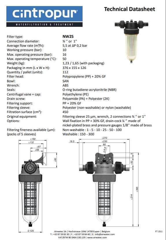 Cintropur Water Filter NW25 - Flow Rate 5.5m³/h / 1"
