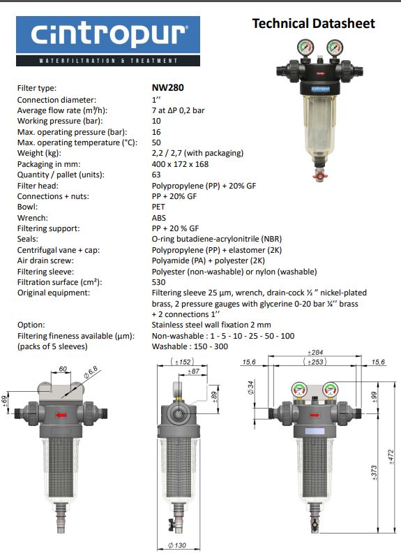Cintropur Water Filter NW280 - Flow Rate 7m³/h / 1"