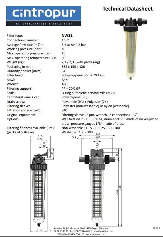 Cintropur Water Filter NW280 - Flow Rate 7m³/h / 1"