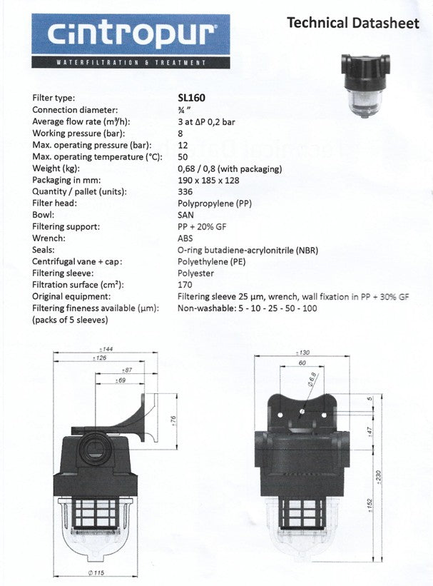 Cintropur Water Filter SL160 Flow Rate 3 m³/h ¾"