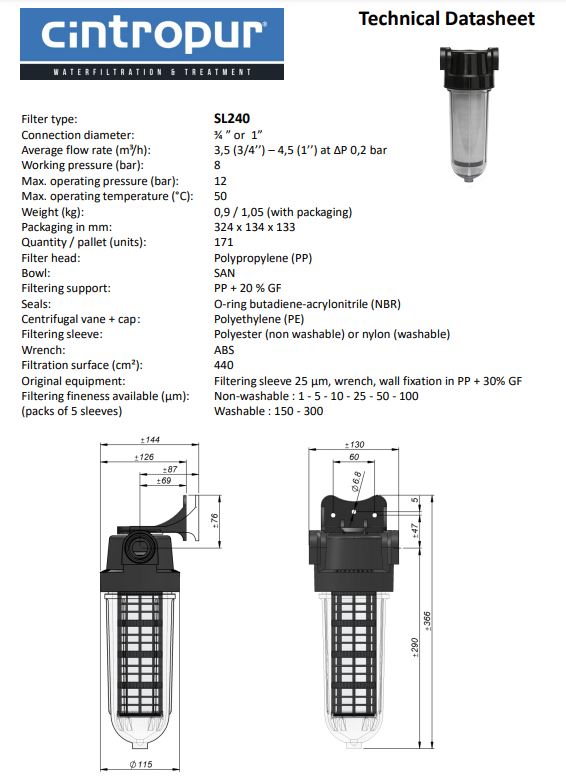 Cintropur Water Filter SL240 - Flow Rate 4.5m³/h / 1"