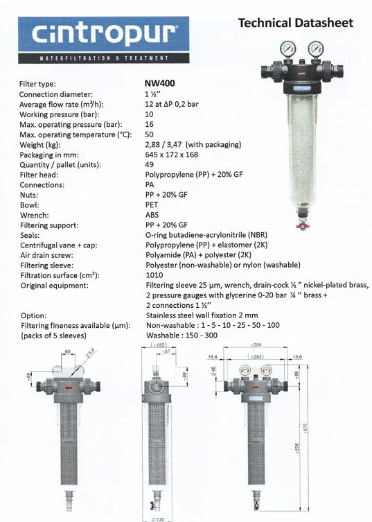 Cintropur Water Filter NW400 - Flow Rate 12m³/h / 1 ½"