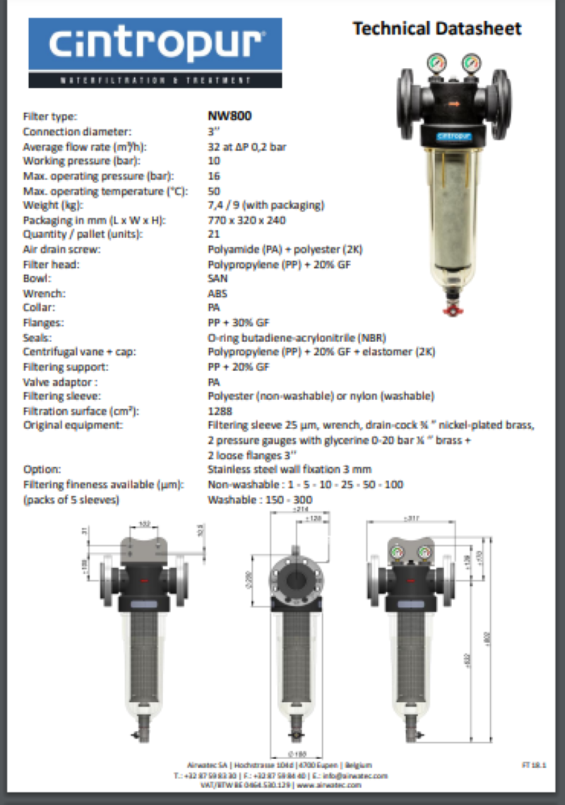 Cintropur Industrial Water Filter NW800 - 32m³/h / 3"